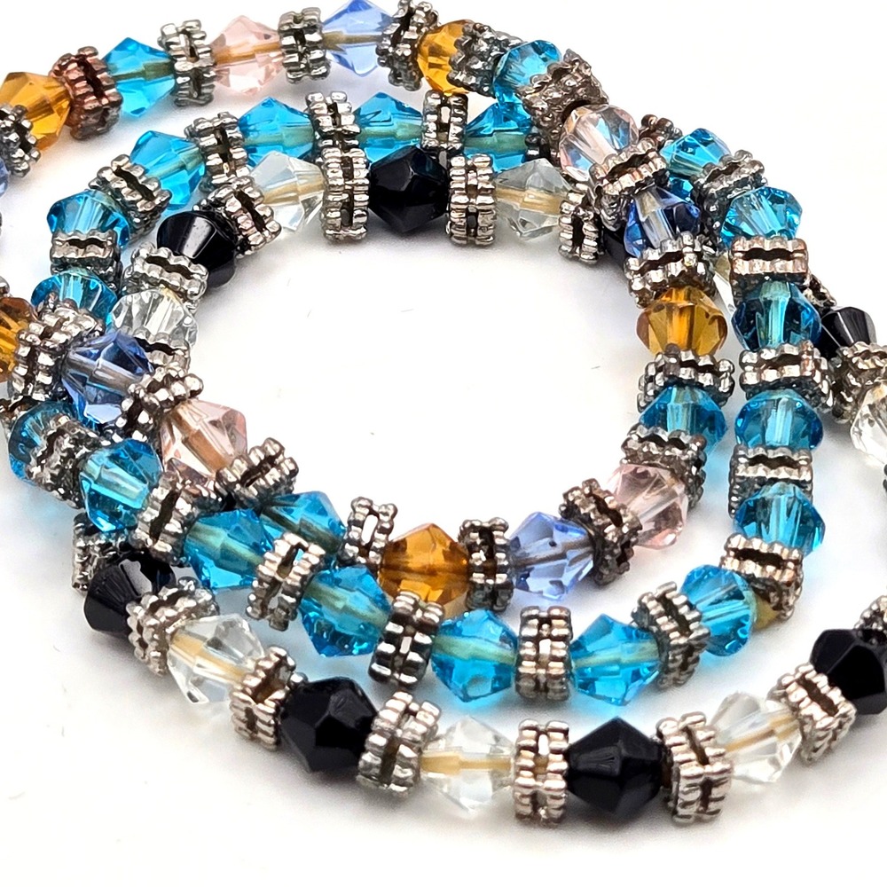 Set of 3 Crystal Bicone Stretch Bracelets Blue Black Amber Silver Tone Spacers